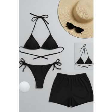 Kadın 3lü Set Siyah Şortlu Ve Yandan Bağlamalı Bikini Mayo Takımı