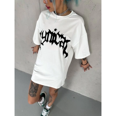 Kadın Baskıkı Bisiklet Yaka T-Shirt - Beyaz