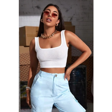 Kadın Beyaz Kalın Askılı Crop Top Büstiyer