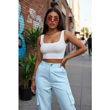 Kadın Beyaz Kalın Askılı Crop Top Büstiyer Esnek Kumaş Şık Basic Kadın Üst Giyim