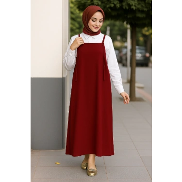 Kadın Bordo Basic Ayarlanabilir Askılı Jile Elbise