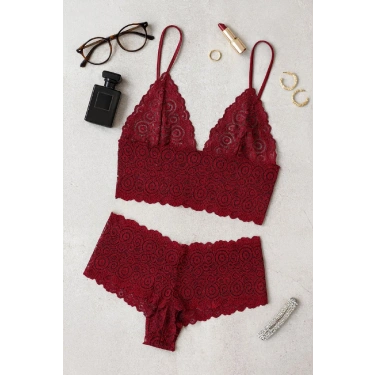 Kadın Bordo Dantel Bralet Şort Takımı – Asil Ve Sofistike İç Giyim