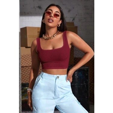 Kadın Bordo Kalın Askılı Crop Top Büstiyer