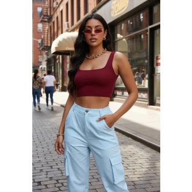 Kadın Bordo Kalın Askılı Crop Top Büstiyer Esnek Kumaş Şık Basic Kadın Üst Giyim