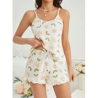 Kadın Ekru Çiçek Baskılı Şortlu Gecelik Pijama Takımı 5047