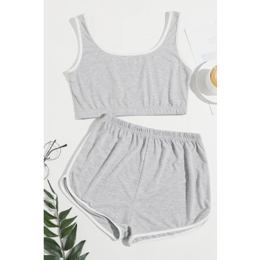 Kadın Gri Askılı Crop Top Ve Şortlu Gecelik Takım