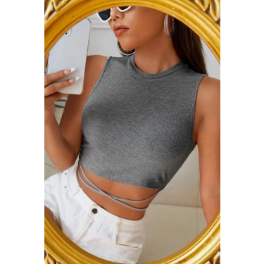 Kadın Gri Çapraz Bağlamalı Crop Top Büstiyer