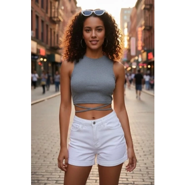 Kadın Gri Modern Fit Çapraz Bağlamalı Crop Top Büstiyer