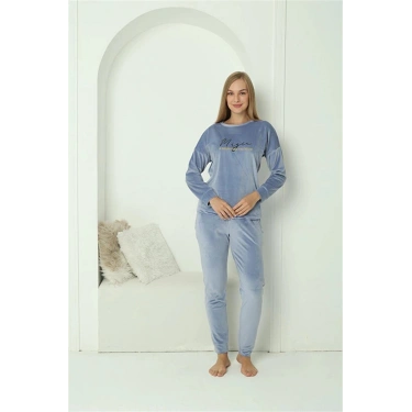 Kadın Kadife Mavi Pijama Takım