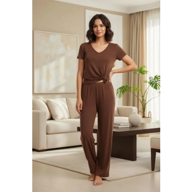 Kadın Kahve Yumuşak Dokulu Minimal V Yaka Üst Basic Günlük Şık Bluz