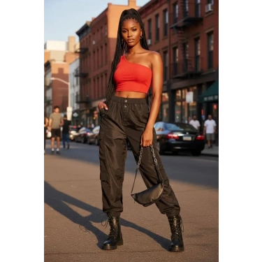 Kadın Kırmızı Fit Görünümlü Tek Omuz Crop Top Büstiyer