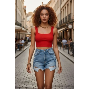 Kadın Kırmızı Kalın Askılı Crop Top Büstiyer Esnek Kumaş Şık Basic Kadın Üst Giyim