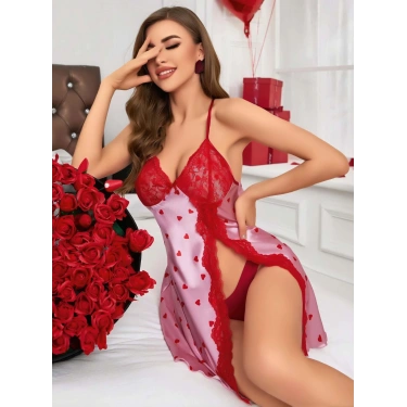 Kadın Kırmızı kalp Desenli saten Gecelik 2220