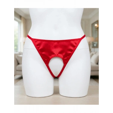 Kadın Kırmızı Saten Ağı Açık String Tanga