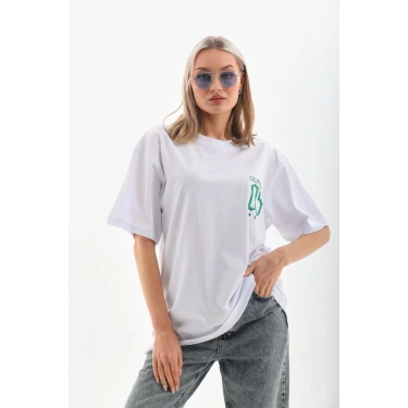 Kadın Kısa kol Oversize Baskılı T-Shirt - Beyaz