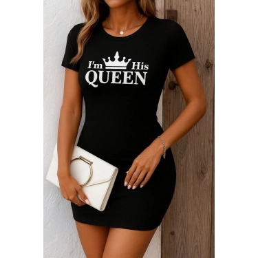 Kadın Kısa Kollu Queen Baskı Iki Iplik Mini Elbise