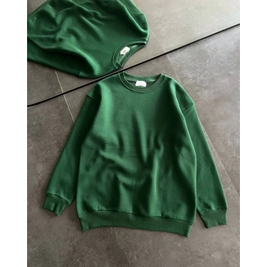 Kadın Kışlık Bisiklet Yaka Üç İplik Basic SweatShirt - Haki