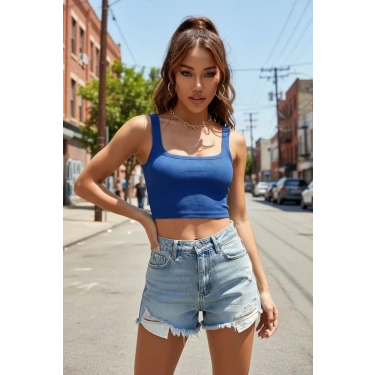 Kadın Lacivert Kalın Askılı Crop Top Büstiyer Esnek Kumaş Şık Basic Kadın Üst Giyim
