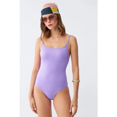 Kadın Lila Minimal Askılı Tek Parça Mayo