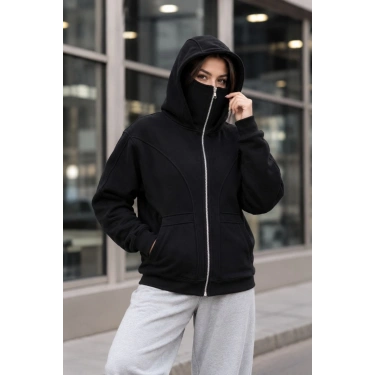 Kadın Maskeli Ninja Model Çift Kapüşonlu 3 İplik Şardonlu Fermuarlı Oversize Sweatshirt - Siyah