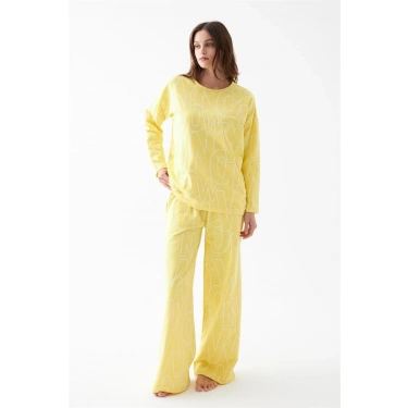 Kadın Oversize Sarı Desenli Pamuklu Kalın Pijama Takımı