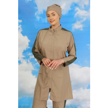 Kadın Pantolonlu Kolu Şeritli Tam Tesettür Mayo Bej