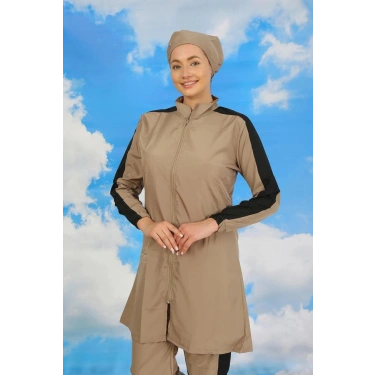 Kadın Pantolonlu Kolu Şeritli Tam Tesettür Mayo Bej