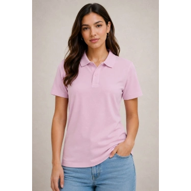 Kadın Polo Yaka Pike Kumaş Düğmeli Basic Tişört Günlük Rahat - Pembe