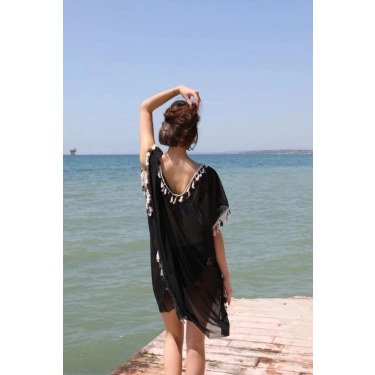 Kadın Püsküllü Tunik Pareo Plaj Elbisesi Siyah