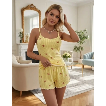 Kadın Sarı Premium İnce Askılı Ev Giyim Takımı