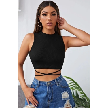 Kadın Siyah Çapraz Bağlamalı Crop Top Büstiyer