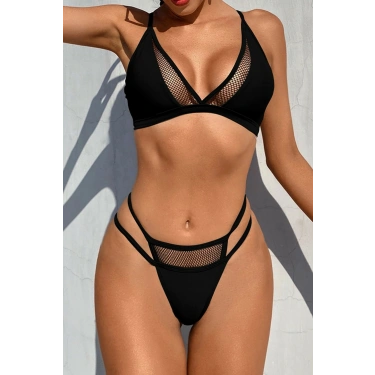 Kadın Siyah File Detaylı Özel Bikini Takımı