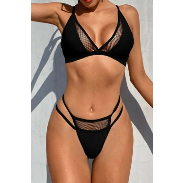 Kadın Siyah File Detaylı Özel Bikini Takımı