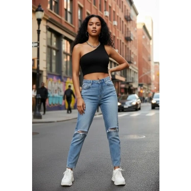 Kadın Siyah Fit Görünümlü Tek Omuz Crop Top Büstiyer