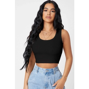 Kadın Siyah Kare Yaka Crop Top Bluz