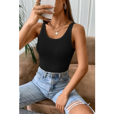 Kadın Siyah Kolsuz Kalın Askılı Uzun Crop Top Bluz & Atlet