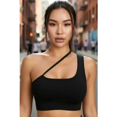 Kadın Siyah Modern Fit Tek Omuzlu Çapraz Askılı Crop Top Büstiyer