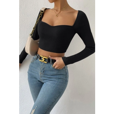 Kadın Siyah Uzun Kol Göğüs Dekolteli Şık Crop Top Bluz