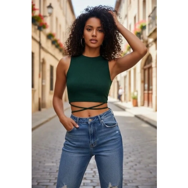 Kadın Yeşil Modern Fit Çapraz Bağlamalı Crop Top Büstiyer