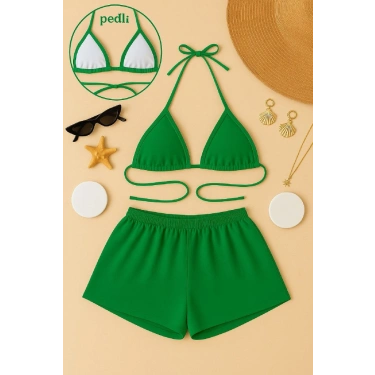 Kadın Yeşil Şortlu Belden Ve Boyundan Bağlamalı Bikini Takımı