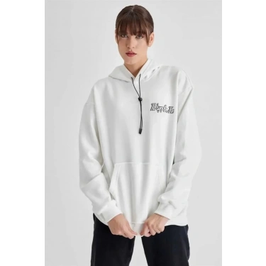 Kapüşonlu Sırt Baskılı Üç İplik Oversize Sweatshirt - Beyaz