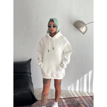 Kapüşonlu Üç İplik Penye Basic SweatShirt - Beyaz
