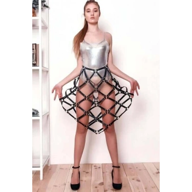 Kare Detaylı Seksi Deri Etek - 982