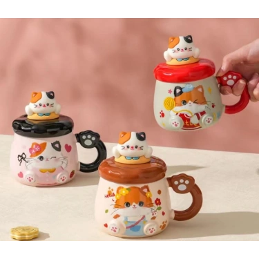 Kedi Desenli Figürlü Seramik Bardak