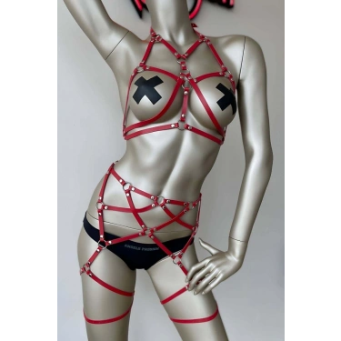 Kırmızı Deri Jartiyer Harness Takım