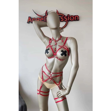 Kırmızı Seksi Elastik Jartiyer Harness Takım