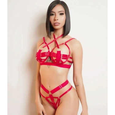 Kırmızı Sütyen Külot Harness Takım
