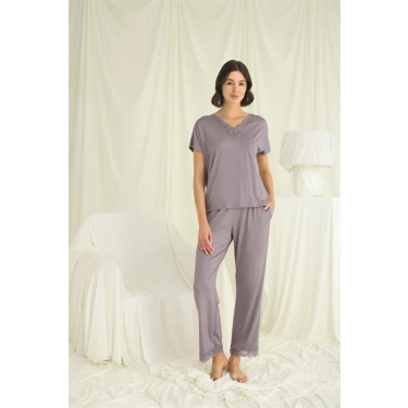 Kısa Kollu V Yakalı Dantelli Pijama Takımı