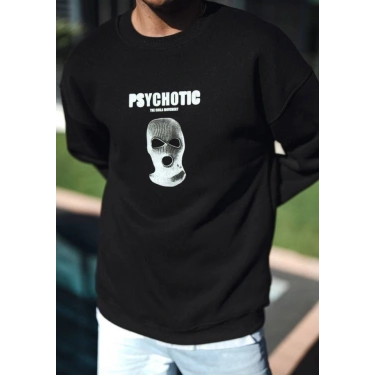 Kışlık Bisiklet Yaka Baskılı SweatShirt - Siyah