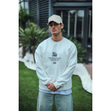 Kışlık Bisiklet Yaka Ön Ve Arka Baskılı SweatShirt - Beyaz